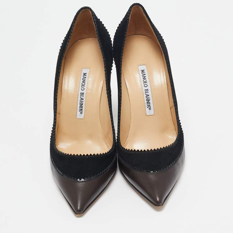 Pre Owned Manolo Blahnik Brown/Black Leather and Suede Pointed Toe Pumps Size 38.5