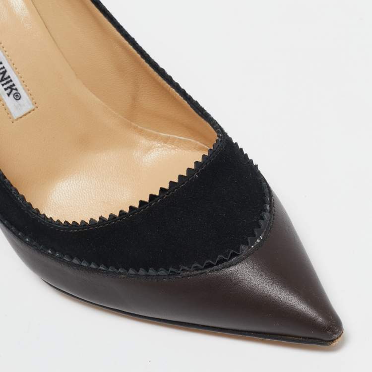 Pre Owned Manolo Blahnik Brown/Black Leather and Suede Pointed Toe Pumps Size 38.5