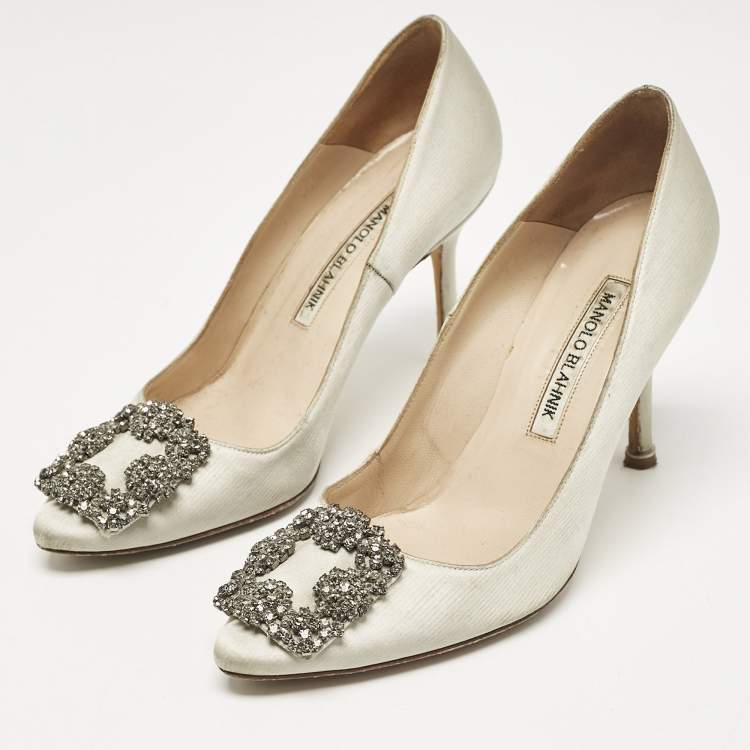 Pre Owned Manolo Blahnik Grey Satin Hangisi Crystal Embellished Pumps Size 36