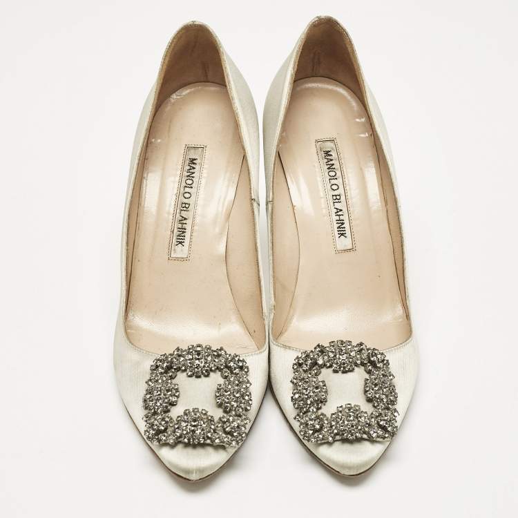 Pre Owned Manolo Blahnik Grey Satin Hangisi Crystal Embellished Pumps Size 36