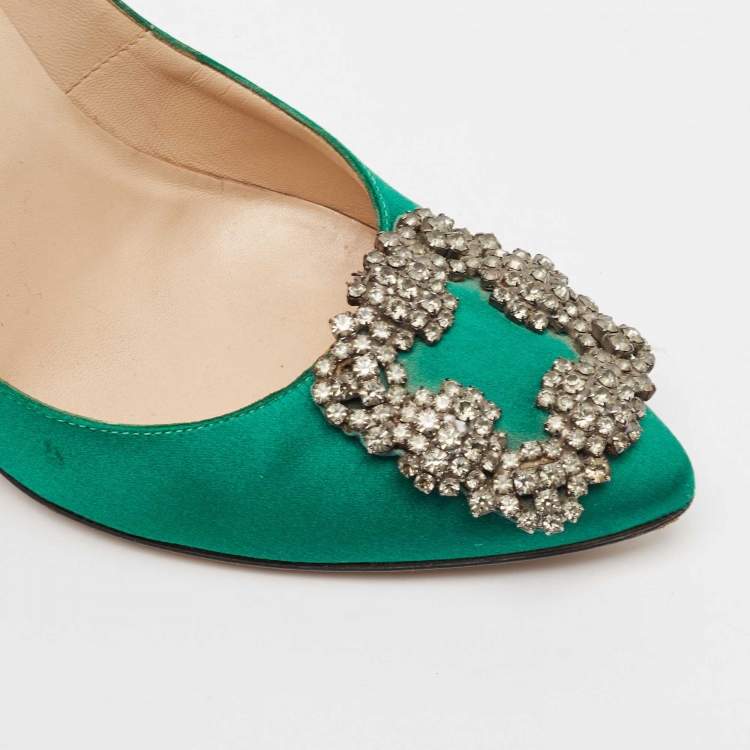 Pre Owned Manolo Blahnik Green Satin Hangisi Crystal Embellished Pumps Size 34.5