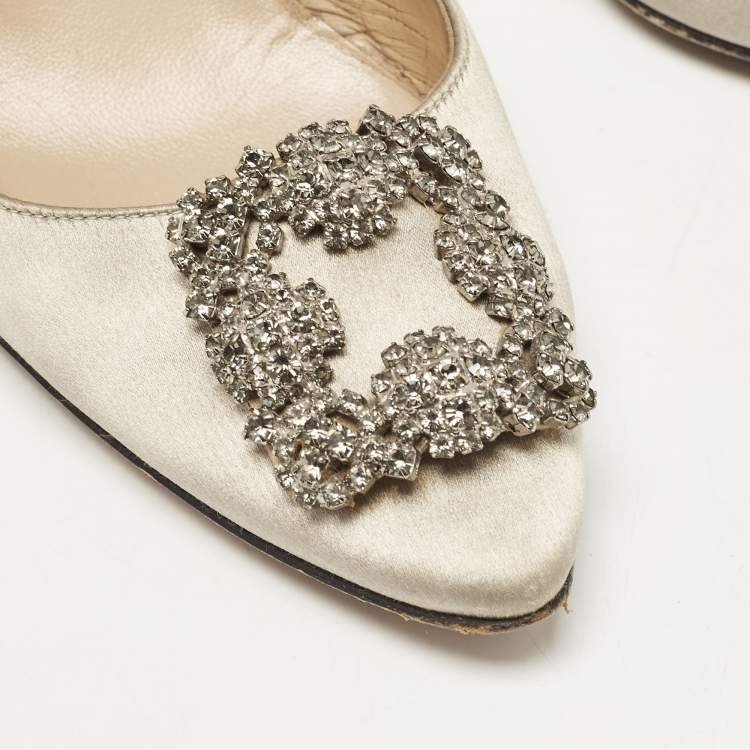 Pre Owned Manolo Blahnik Grey Satin Hangisi Crystal Embellished Pumps Size 39
