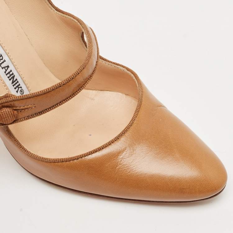 Pre Owned Manolo Blahnik Brown Leather Camparinew Mary Jane Pumps Size 35