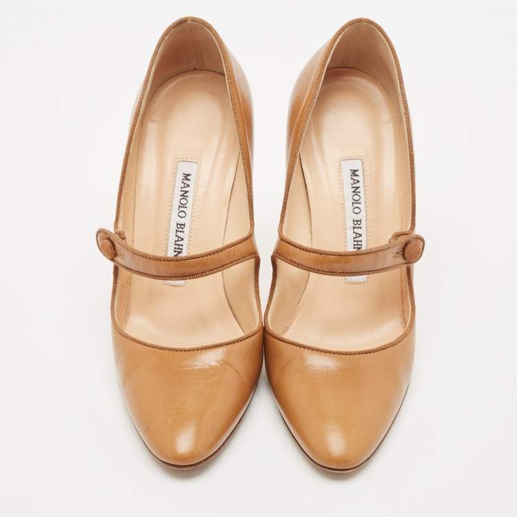 Pre Owned Manolo Blahnik Brown Leather Camparinew Mary Jane Pumps Size 35