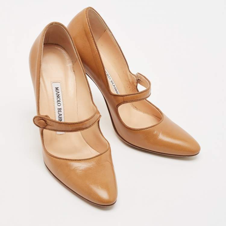 Pre Owned Manolo Blahnik Brown Leather Camparinew Mary Jane Pumps Size 35