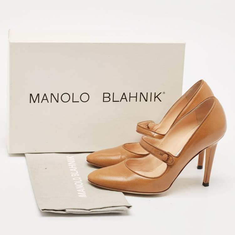Pre Owned Manolo Blahnik Brown Leather Camparinew Mary Jane Pumps Size 35