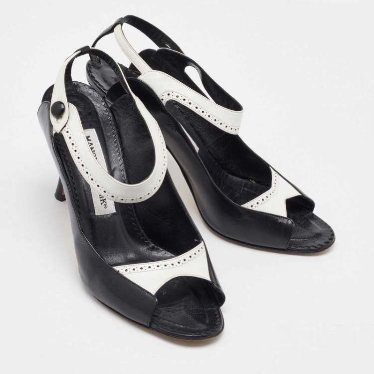 Pre Owned Manolo Blahnik Black/White Leather Brogue Slingback Sandals Size 38.5