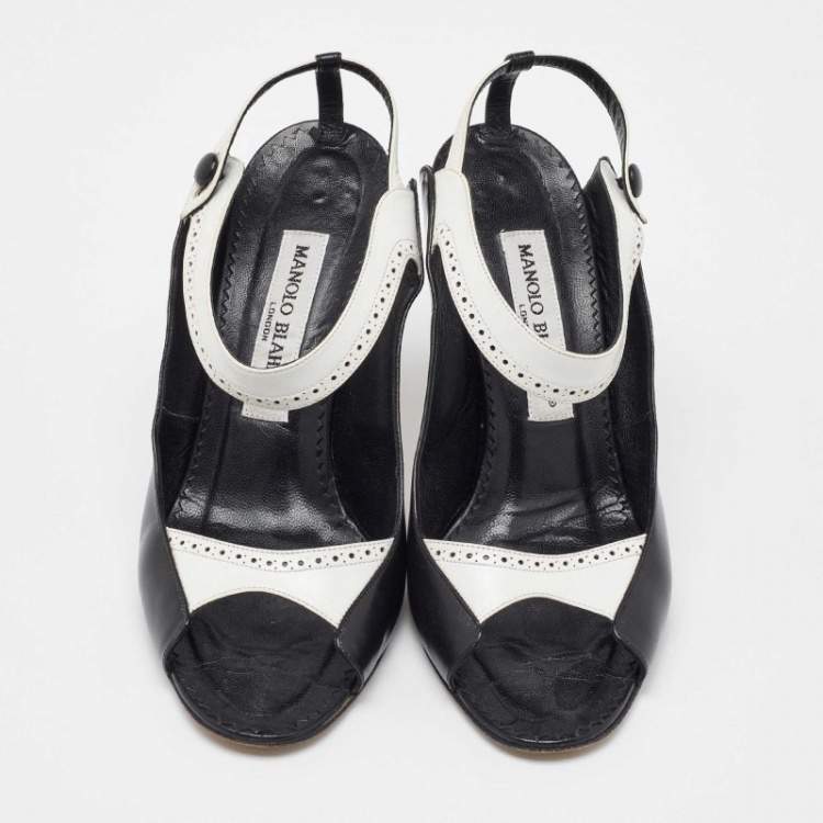 Pre Owned Manolo Blahnik Black/White Leather Brogue Slingback Sandals Size 38.5