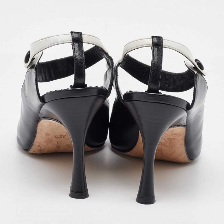 Pre Owned Manolo Blahnik Black/White Leather Brogue Slingback Sandals Size 38.5
