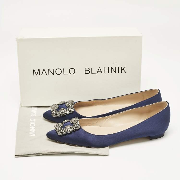 Pre Owned Manolo Blahnik Navy Blue Satin Hangisi Ballet Flats Size 38