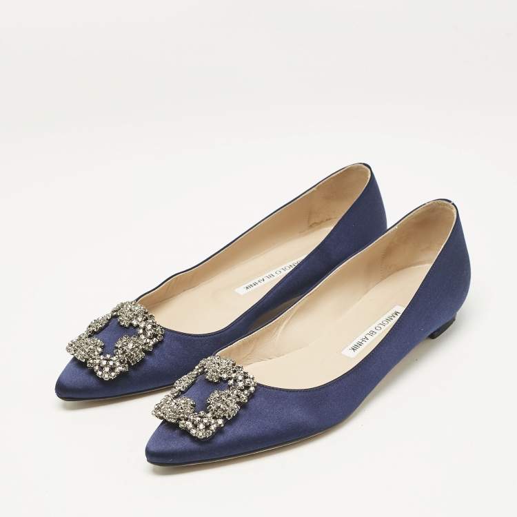 Pre Owned Manolo Blahnik Navy Blue Satin Hangisi Ballet Flats Size 38
