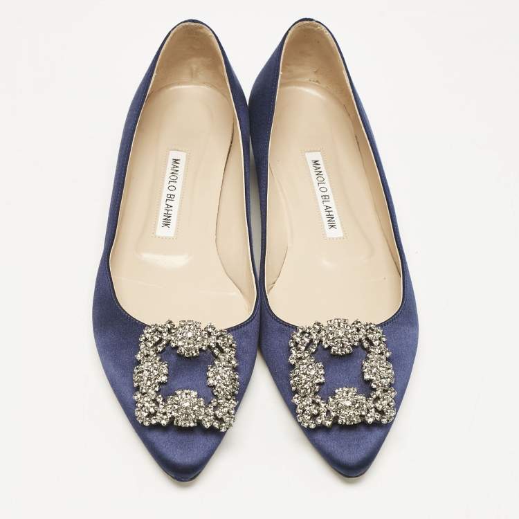 Pre Owned Manolo Blahnik Navy Blue Satin Hangisi Ballet Flats Size 38