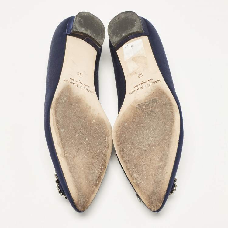 Pre Owned Manolo Blahnik Navy Blue Satin Hangisi Ballet Flats Size 38