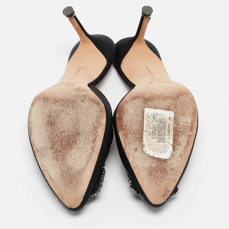 Pre Owned Manolo Blahnik Black Satin Hangisi Mules Size 37.5