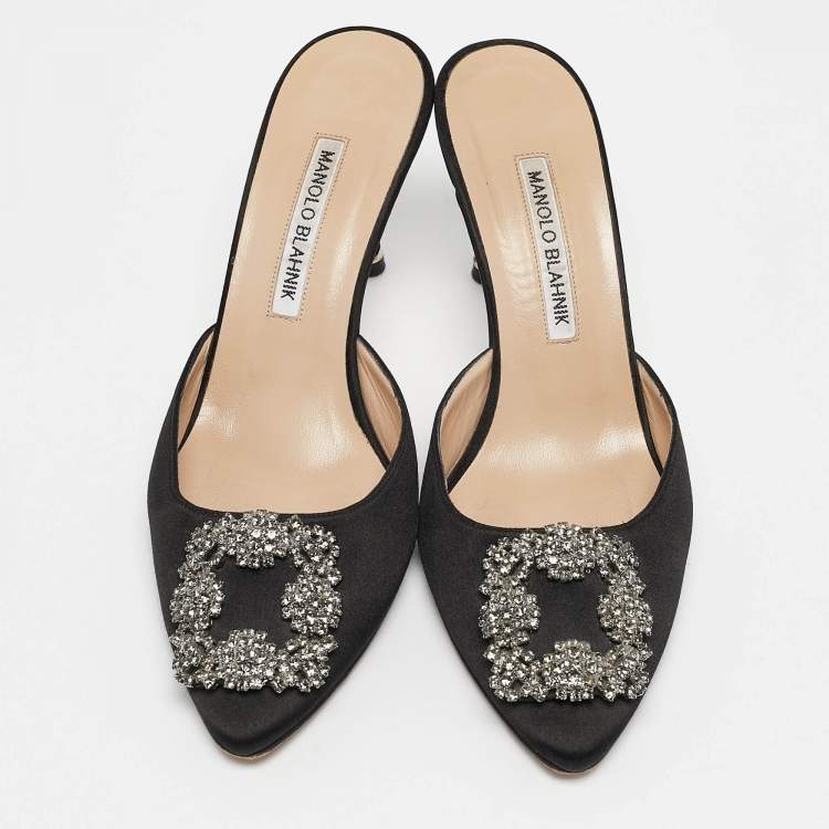 Pre Owned Manolo Blahnik Black Satin Hangisi Mules Size 37.5