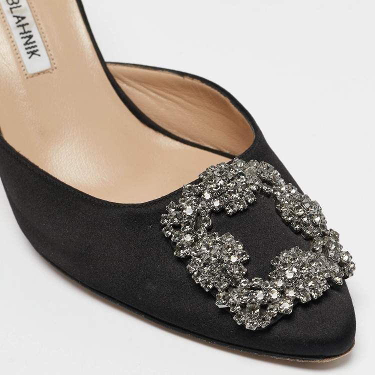 Pre Owned Manolo Blahnik Black Satin Hangisi Mules Size 37.5