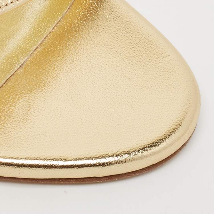 Pre Owned Manolo Blahnik Gold Leather Crisscross Ankle Strap Sandals Size 36.5