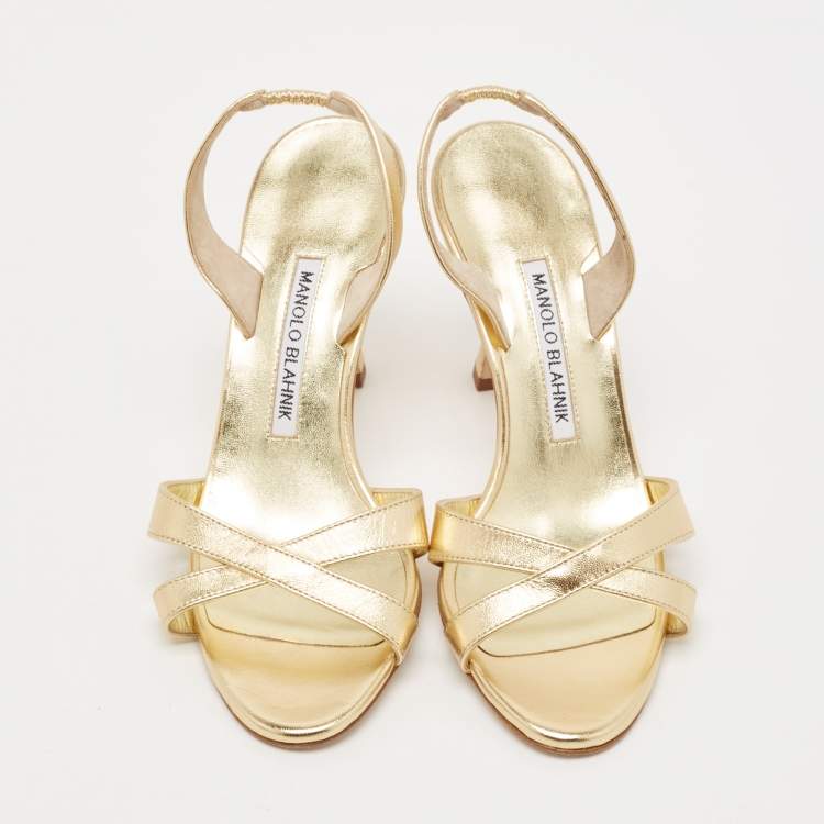 Pre Owned Manolo Blahnik Gold Leather Crisscross Ankle Strap Sandals Size 36.5