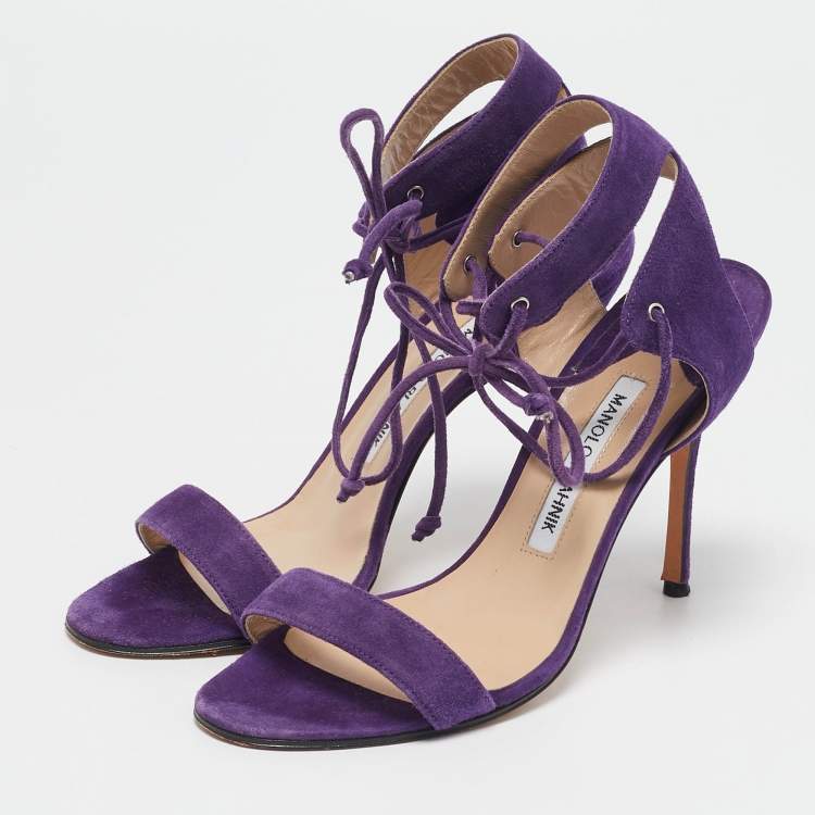 Pre Owned Manolo Blahnik Purple Suede Laramod Ankle Strap Sandals Size 37