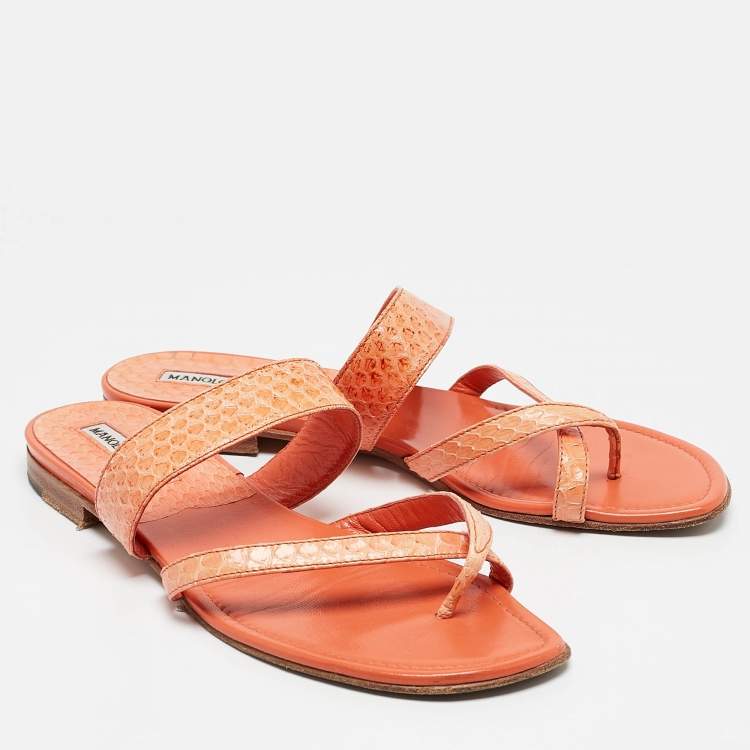 Pre Owned Manolo Blahnik Orange Python Leather Susa Flat Sandals Size 38