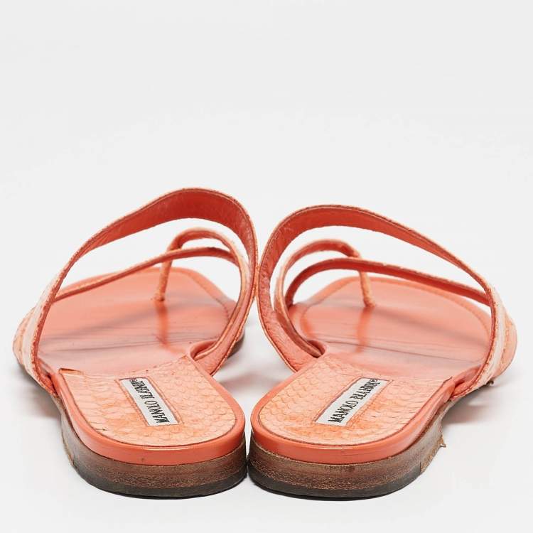 Pre Owned Manolo Blahnik Orange Python Leather Susa Flat Sandals Size 38