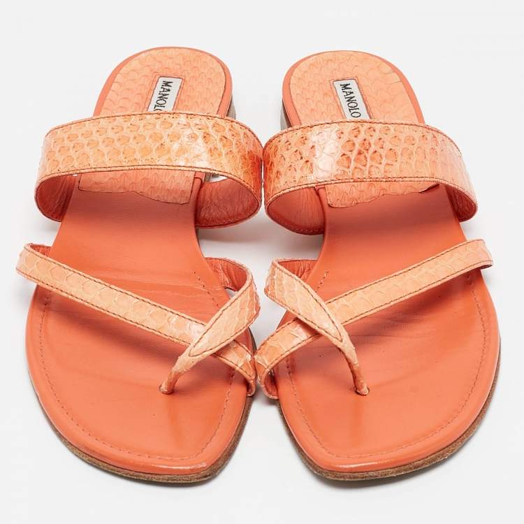Pre Owned Manolo Blahnik Orange Python Leather Susa Flat Sandals Size 38