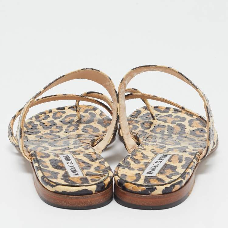 Pre Owned Manolo Blahnik Brown Leopard Pint Python Leather Thong Flat Slides Size 38