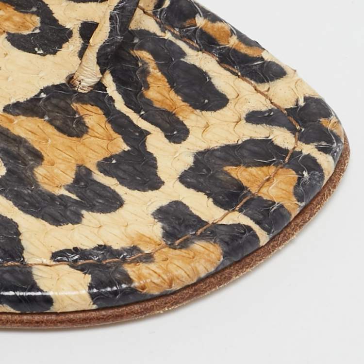Pre Owned Manolo Blahnik Brown Leopard Pint Python Leather Thong Flat Slides Size 38