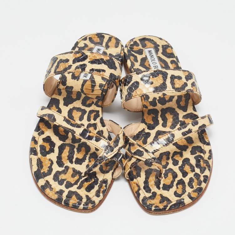 Pre Owned Manolo Blahnik Brown Leopard Pint Python Leather Thong Flat Slides Size 38