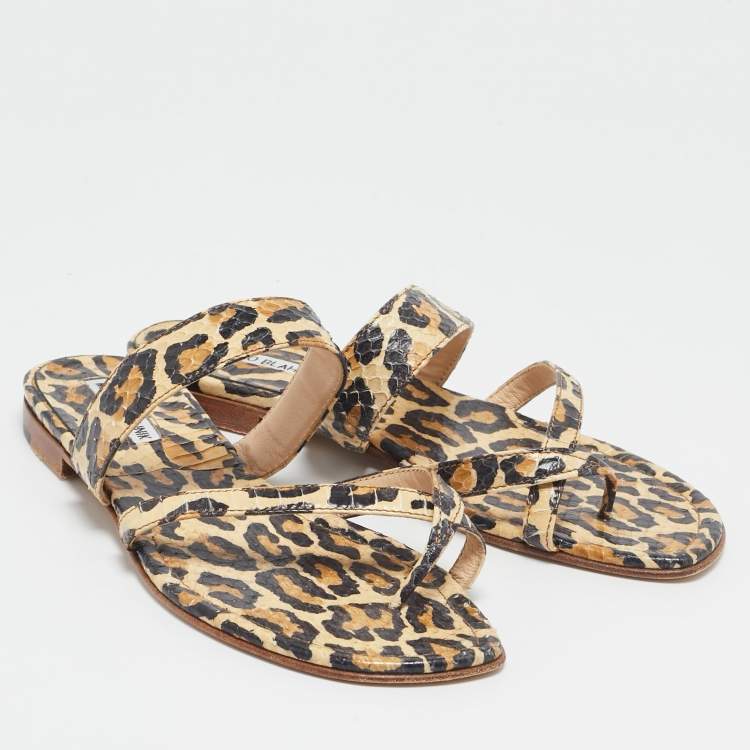 Pre Owned Manolo Blahnik Brown Leopard Pint Python Leather Thong Flat Slides Size 38