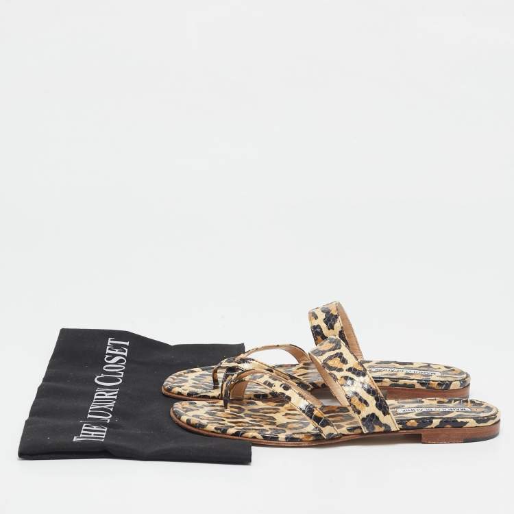 Pre Owned Manolo Blahnik Brown Leopard Pint Python Leather Thong Flat Slides Size 38