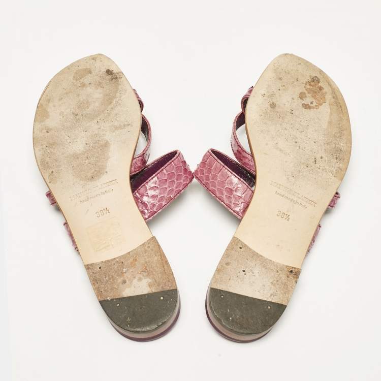 Pre Owned Manolo Blahnik Purple Python Leather Susa Flat Slides Size 38.5