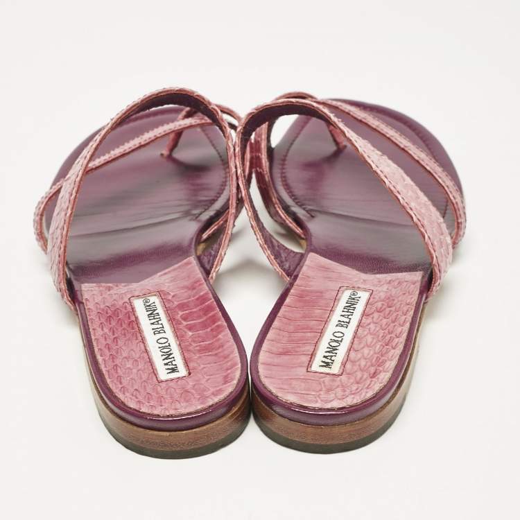 Pre Owned Manolo Blahnik Purple Python Leather Susa Flat Slides Size 38.5