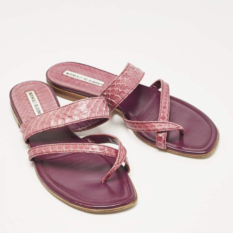 Pre Owned Manolo Blahnik Purple Python Leather Susa Flat Slides Size 38.5
