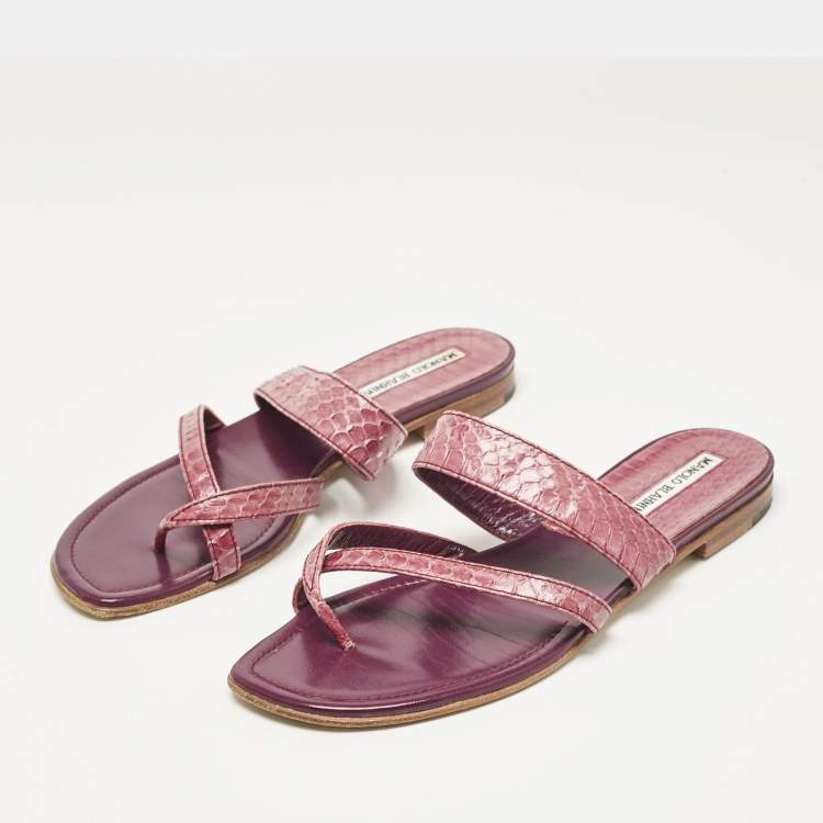 Pre Owned Manolo Blahnik Purple Python Leather Susa Flat Slides Size 38.5