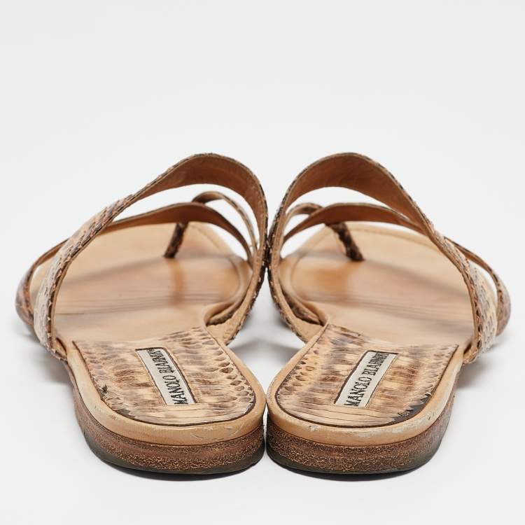 Pre Owned Manolo Blahnik Brown Python Leather Susa Flat Sandals Size 38