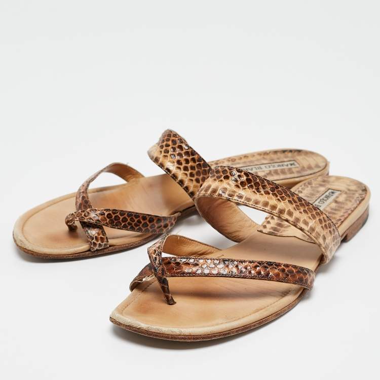 Pre Owned Manolo Blahnik Brown Python Leather Susa Flat Sandals Size 38