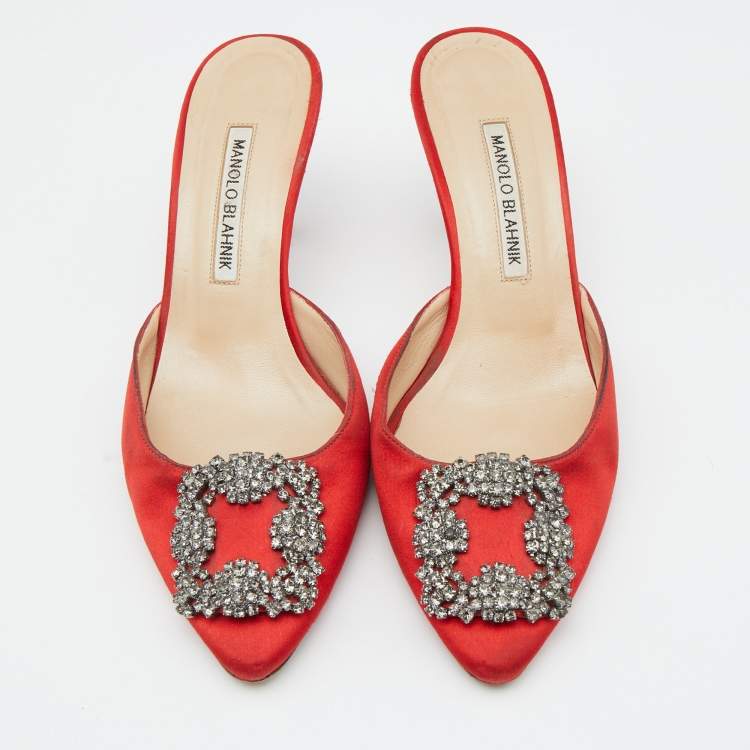 Pre Owned Manolo Blahnik Red Satin Jewel Buckle Hangisi Mules Size 37.5