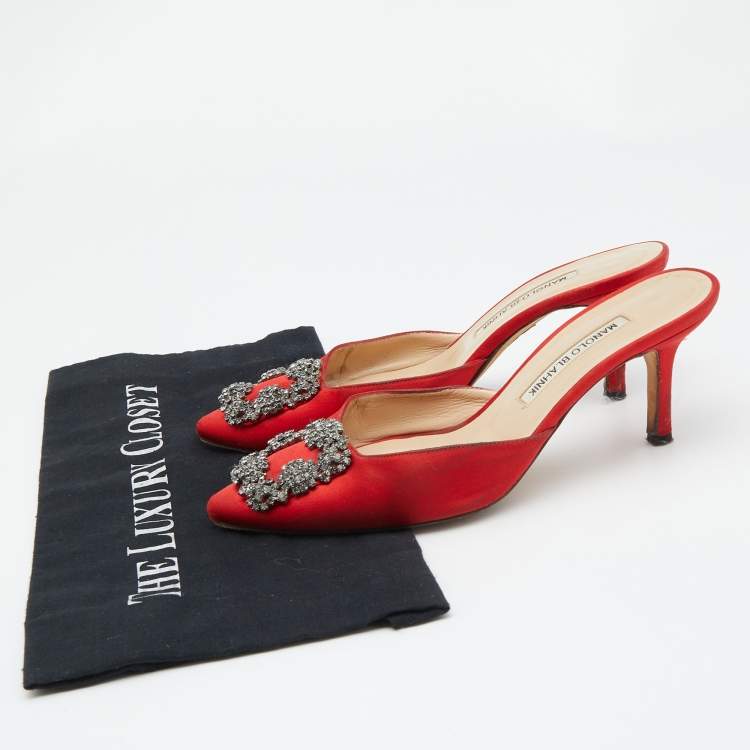 Pre Owned Manolo Blahnik Red Satin Jewel Buckle Hangisi Mules Size 37.5
