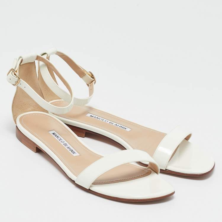 Pre Owned Manolo Blahnik White Patent Leather Ankle Strap Flat Sandals Size 37.5