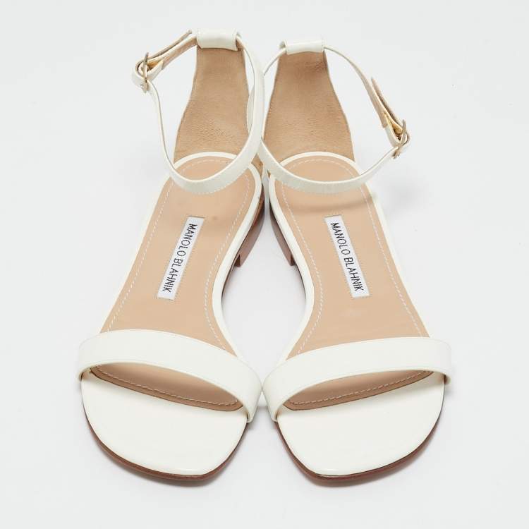 Pre Owned Manolo Blahnik White Patent Leather Ankle Strap Flat Sandals Size 37.5