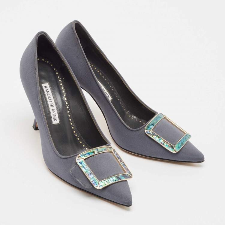 Pre Owned Manolo Blahnik Grey Satin Buckle Maysale Pumps Size 36
