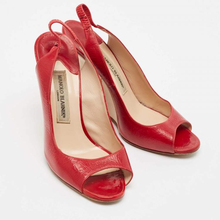 Pre Owned Manolo Blahnik Red Leather Wedge Slingback Sandals Size 37.5