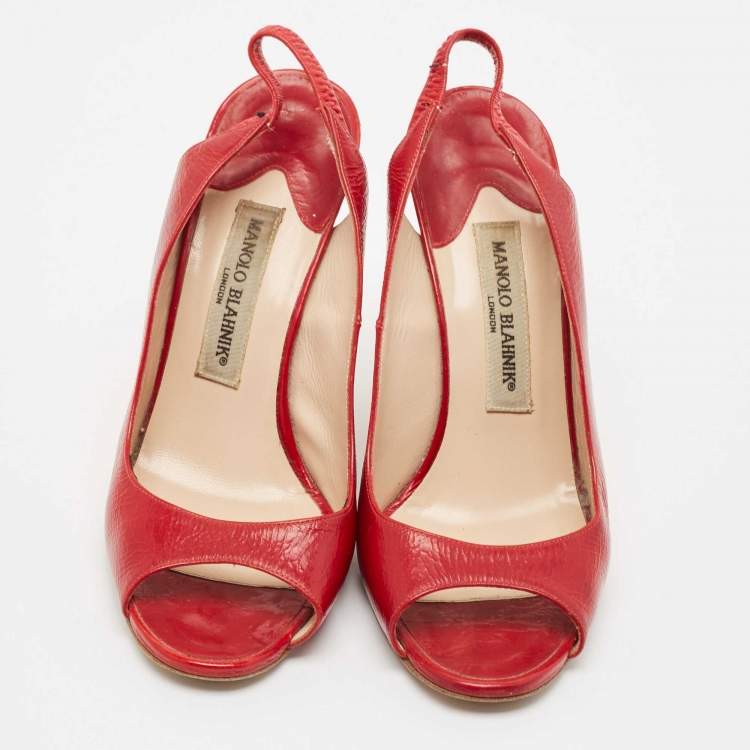 Pre Owned Manolo Blahnik Red Leather Wedge Slingback Sandals Size 37.5