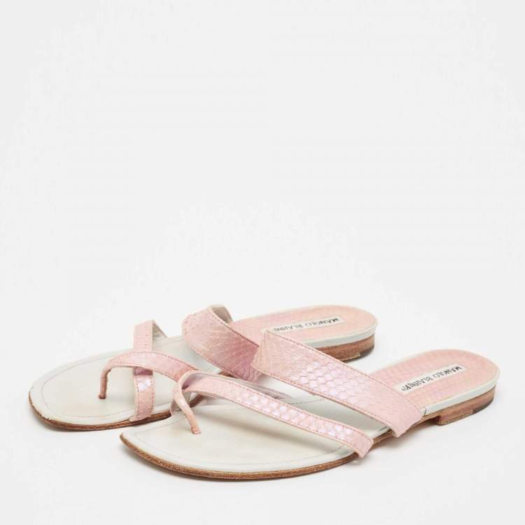 Pre Owned Manolo Blahnik Pink Python Leather Susa Flat Slides Size 38