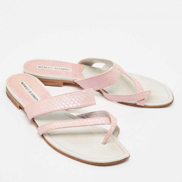 Pre Owned Manolo Blahnik Pink Python Leather Susa Flat Slides Size 38