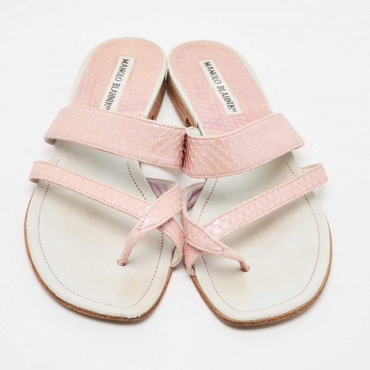 Pre Owned Manolo Blahnik Pink Python Leather Susa Flat Slides Size 38
