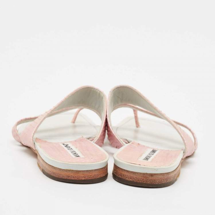 Pre Owned Manolo Blahnik Pink Python Leather Susa Flat Slides Size 38
