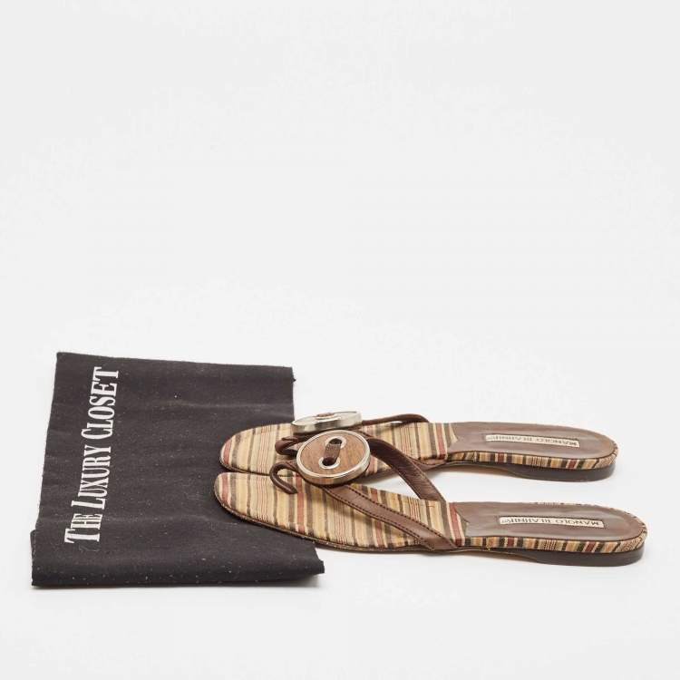 Pre Owned Manolo Blahnik Brown Canvas and Leather Thong Flats Size 36.5