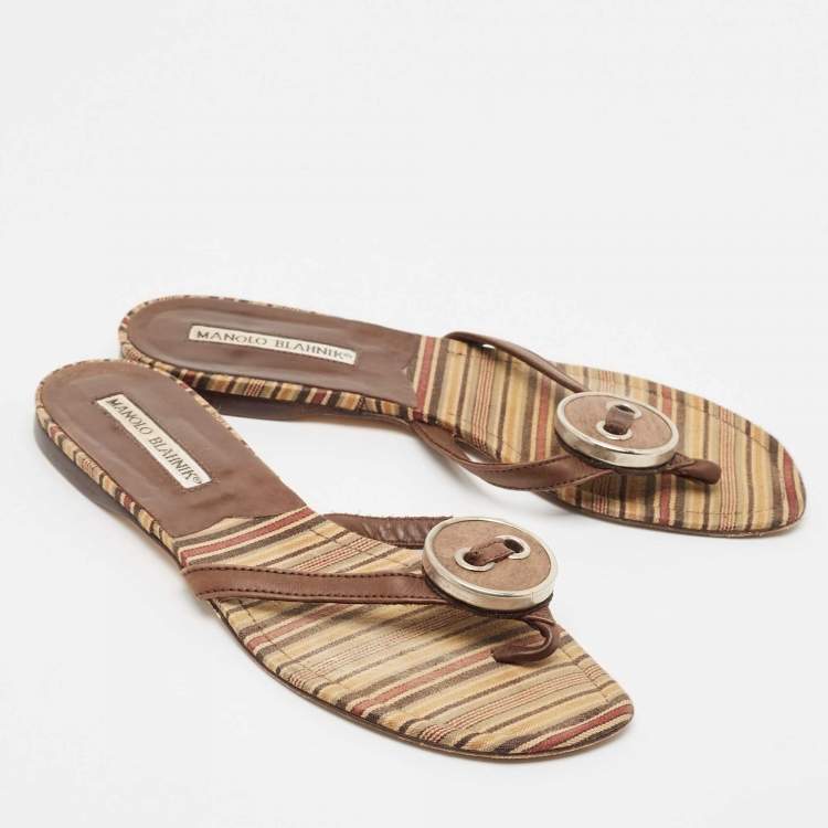 Pre Owned Manolo Blahnik Brown Canvas and Leather Thong Flats Size 36.5